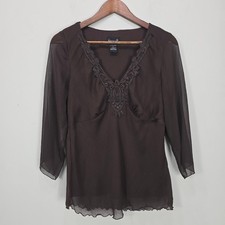 Vintage Y2K Top L Brown Boho Whimsigoth Fairy Grunge Babydoll Lace Lettuce Trim