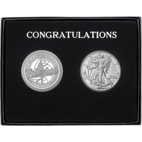 Congratulations Volleyball Star 1oz Silver Round & SAE BU Gift Set by SilverTown - Picture 1 of 10