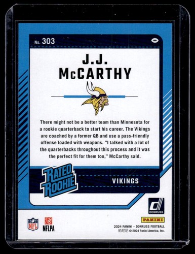 2024 Donruss Press Proof Verde J.J. McCarthy Novato Minnesota Vikings #303 - Imagen 2 de 2