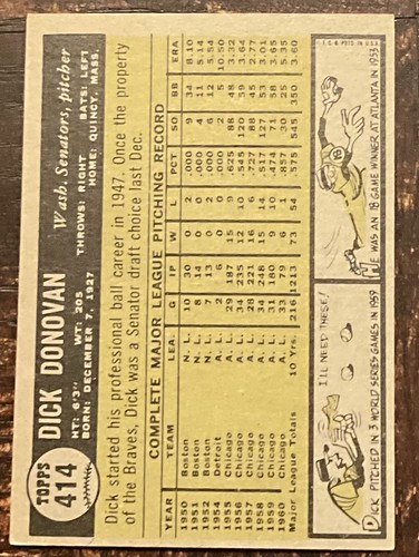 1961 TOPPS #414 DICK DOVOVAN OF THE WASHINGTON SENATORS NM CONDITION - Picture 2 of 2