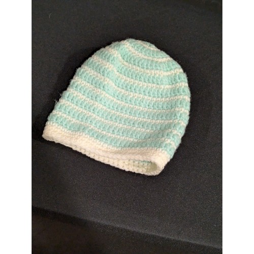 VTG Teal Green White Kids Toddler Knit Beanie HAT Handmade Pastel Stripe Blue - Picture 6 of 9
