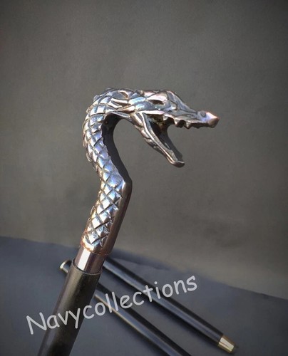 Solid Brass Dragon Head Design Antique Style Handle Wooden Walking Stick 37Inch - Picture 6 of 7
