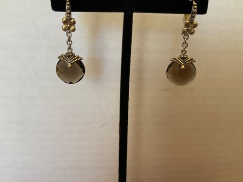 VINTAGE BARBARA BIXBY STERLING SMOKY QUARTZ & 18K GOLD DROP EARRINGS