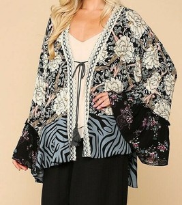 New-Gigio-By-Umgee-Kimono-L-Large-Black-Zebra-Floral-Ruffle-Tie-Boho-Peasant
