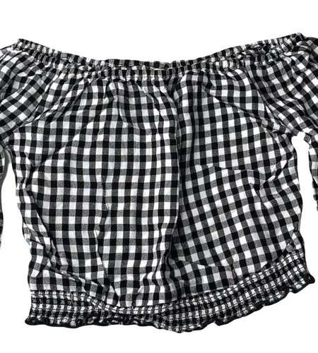 Hollister Plaid Off Shoulder Crop Top Girl XS Black White 3/4 Sleeve - Picture 2 of 6
