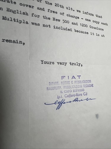 1958-59 FIAT Car Catalog Brochure SIGNED Letters Caffaro-Rore C. w/Envelope - Picture 3 of 20