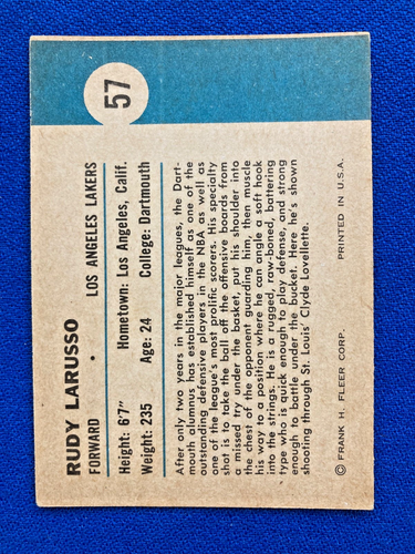1961-62 Fleer Basketball - RUDY LARUSSO - 57 Los Angeles LAKERS - nice! - Picture 2 of 2