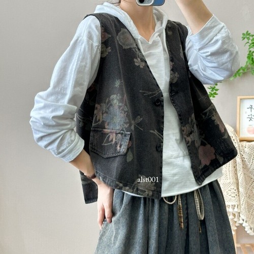 Women Retro Denim Waistcoat Vest Gilet Distressed Printing Sleeveless Jacket - Bild 8 von 23