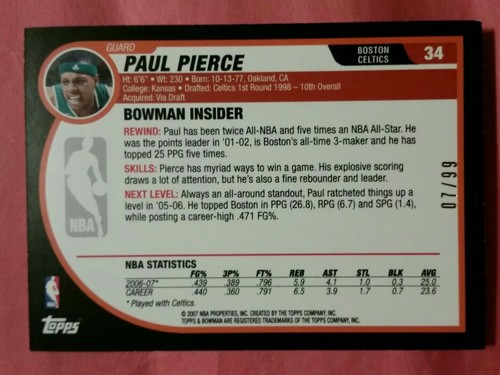 2007 Topps Bowman Paul Pierce gold 7/ 99 Boston Celtics Hall of Fame - 第 2/3 張圖片