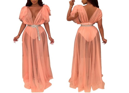 Women Mesh Transparent Deep V -Neck High Waist Flare Sleeve Maxi Beach Dress  - Bild 15 von 18