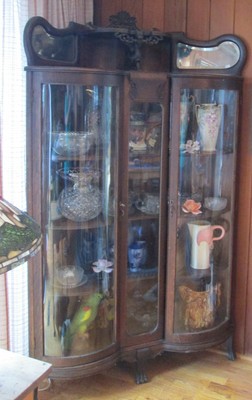 Rare Antique Corner Double Curved Glass Curio China Cabinet
