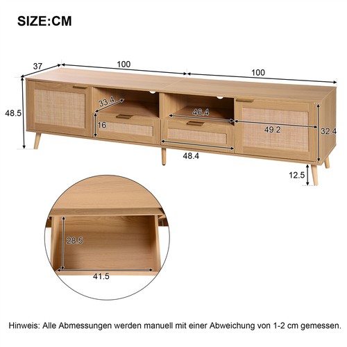 TV Lowboard Schrank mit Massivholzfüß 2 Schubladen 2 Rattantüren Fernsehschrank - Bild 7 von 11