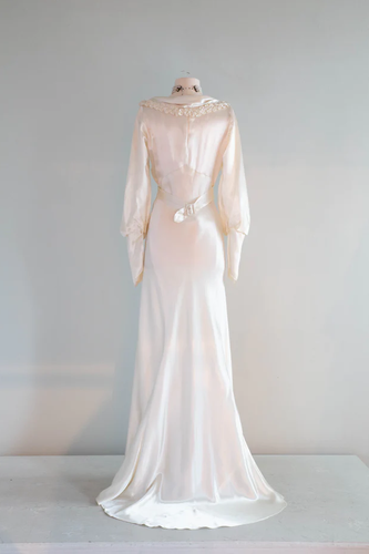 Vintage Wedding Dresses Ivory Satin 1960s Long Sleeves Train Retro Bridal Gowns - Picture 7 of 13