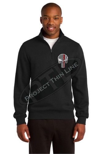 Thin RED Line SKULL American Flag 1/4 Zip Fleece Sweatshirt Firefighter Fireman - Picture 3 of 4