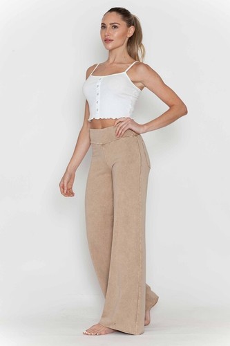 Chatoyant Plus Size Mineral Washed Wide Leg Stretch Pants Beige 3XL - 第 2/6 張圖片