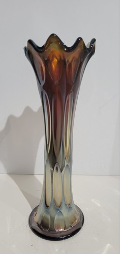 Vintage Fenton Carnival Glass Vase 10" Amethyst & Amber Long Thumbprint Diamond - Picture 3 of 7