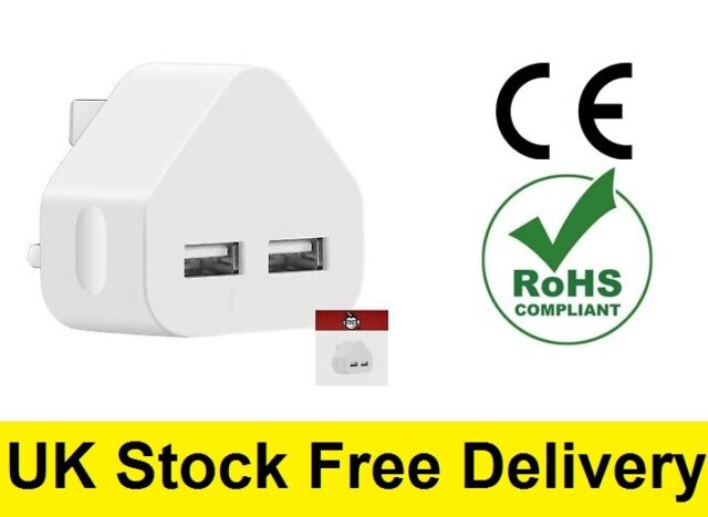 UK Mains 3 Pin Plug Adapter Wall Charger With 2 USB Ports For Phones Tablets CE UK Mains 3 Pin Plug Adapter Wall Charger With 2 USB Ports For Phones Tablets CE