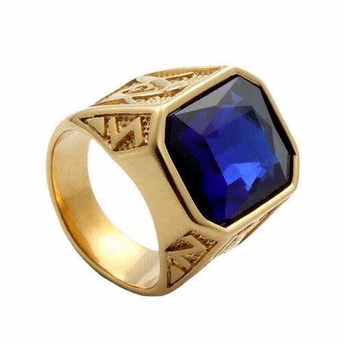 Classic Square CZ Stone Masonic Ring Stainless Steel Gold Plated Solid Back - Picture 9 of 18