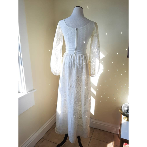 LANZ Originals Ivory Illusion Lace 60s Hippie Wedding Dress Bishop Sleeve Maxi - Picture 4 of 9