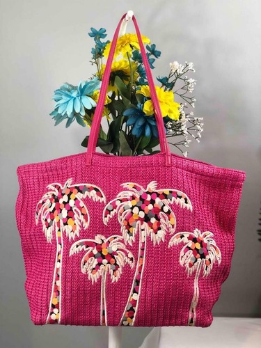 VERA BRADLEY Pixie Confetti Palm Trees Hot Pink Large Straw Beach Tote - Picture 1 of 7