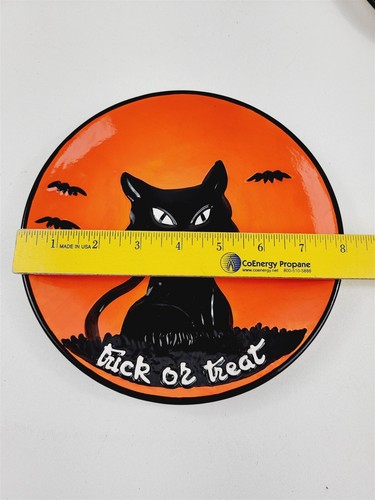 2 Hand Painted Happy Halloween Plates Orange Black Spider Web Black Cat 8" - Imagen 8 de 8