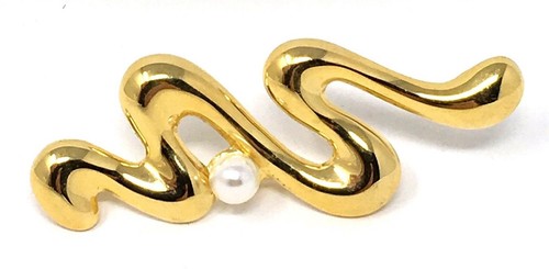 Retro Brooch Pin Gold Tone Squiggle Swirl Snake Faux Pearl Abstract Swoosh VTG - Picture 1 of 3