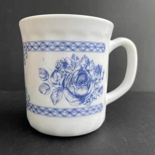 Arcopal France Honorine Coffee Tea Cup Mug Blue White Floral Roses Milk Glass