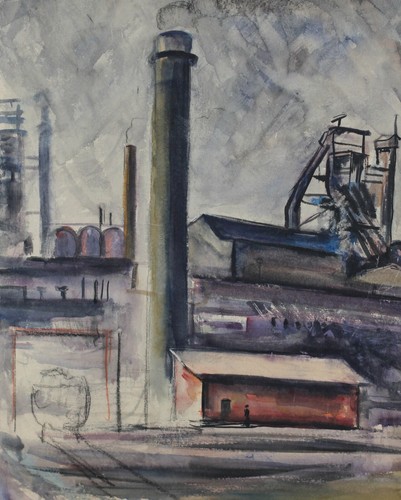 Vintage original watercolor painting landscape with factory - Picture 6 of 12