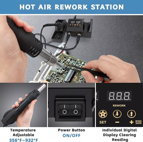 2 IN 1 Soldering Iron Rework Station Hot Air Gun Digital Solder Weld SMD 600W US - Picture 6 of 21
