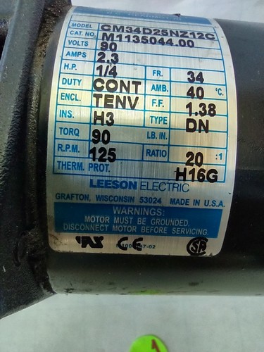 LEESON CM34D25NZ12C PERMANENT MAGNET DC GEARMOTOR VOLTS 90 HP 1/4 RPM 125 TORQ90 - Picture 9 of 10