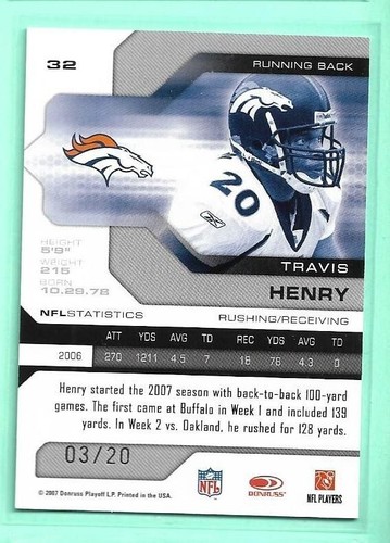 Travis Henry 2007 Leaf Limited Silver Spotlight #3/20 Denver Broncos - Bild 2 von 2