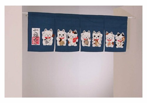 Japanese Doorway Curtain Noren "Seven Lucky Cats" Navy 85cmx30cm Made in Japan - Picture 2 of 6