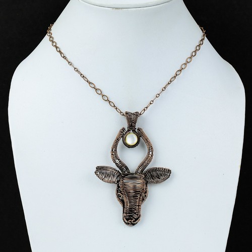 Copper Mother Of Pearl Stone Art Deco Wire Wrapped Bull Face New Pendant Jewelry - Picture 5 of 6
