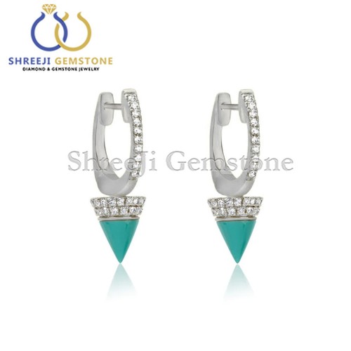 0.29 Ct Real Diamond & Turquoise Drop Huggie Earrings 14k Solid Minimalist Jewel - Picture 4 of 4