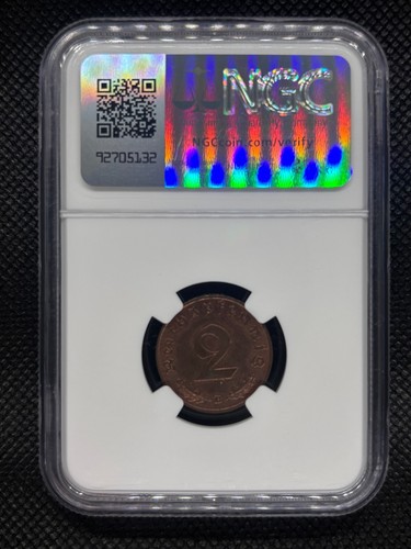 1939 B Germany 2 Reichspfennig Nazi Third Reich 2 Pfennig Copper Coin NGC 63 RB - Picture 2 of 9