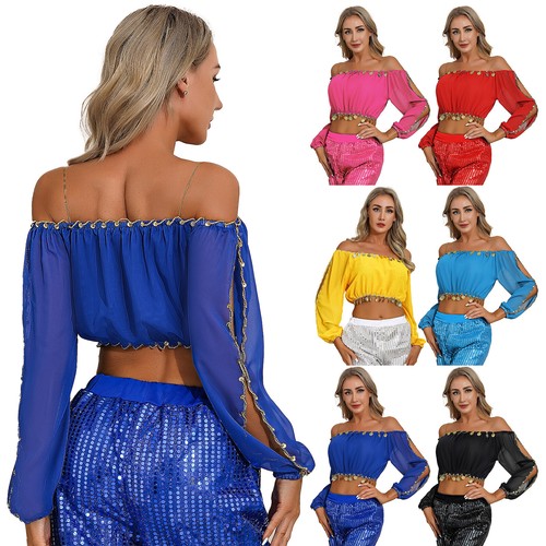 Women's Glitter Bead Tassel Belly Dance Top Lace Off Shoulder Shawl Crop Tops - Afbeelding 1 van 51