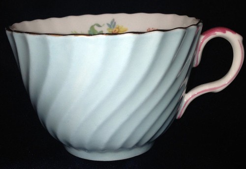 JOHN AYNSLEY 545 LIGHT BLUE SWIRL SHAPE FLAT CUP FLOWERS PINK HANDLE GOLD TRIM - Picture 2 of 8