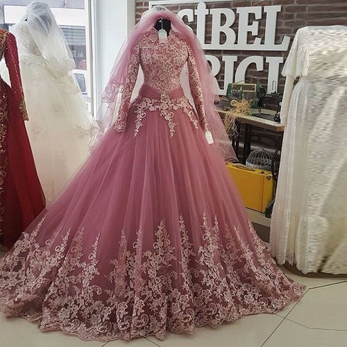 Vestidos de novia rosa manga larga apliques de encaje vestido de baile largo completo vestido de novia - Imagen 1 de 6