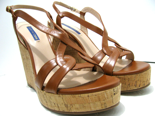 Stuart Weitzman Sandals Womens 9.5 Tan Platform Cork Sole Wedge Heels Strap Shoe - Picture 10 of 17