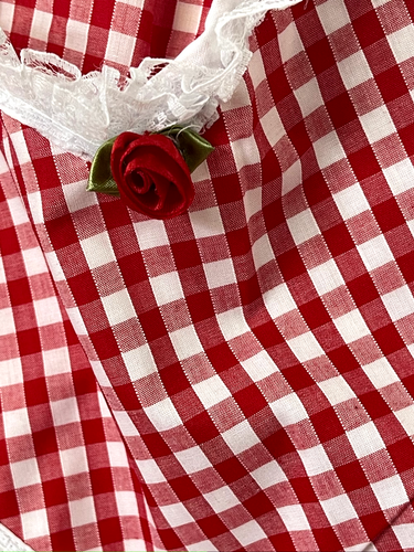 RETRO VINTAGE 50s STYLE HALF APRON / 2 LACE TRIMMED HEART SHAPED POCKETS - RED - Picture 3 of 6