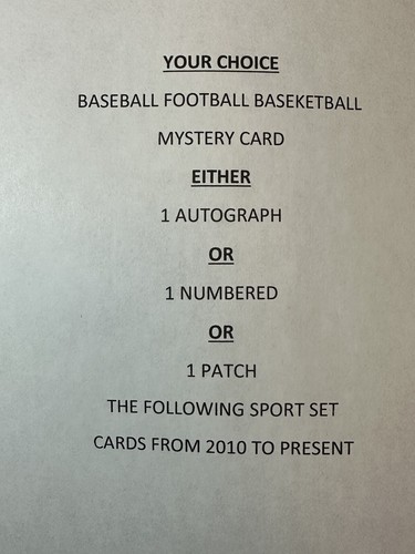 1 Card Mystery Guaranteed 1 Auto, OR 1 Numbered, OR 1 Patch