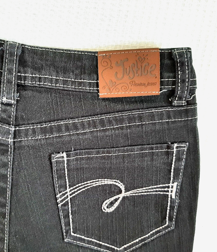 Justice Girls Jeans Size 10R W 25" Ins 25" Black Gray Wash Logo Stretch Denim - Picture 15 of 16