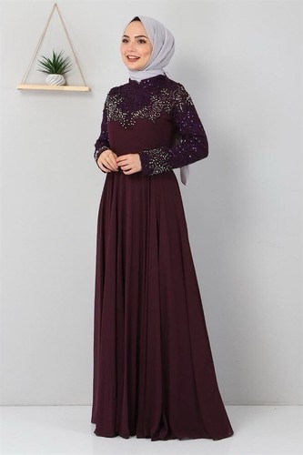 Elegantes Chiffon Langarm Abendkleid - bescheidenes muslimisches festliches Kleid, Perlen - Bild 1 von 4