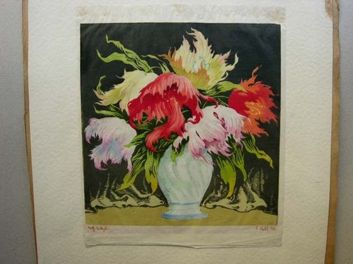 Blumenstilleben Grafik -- Farbholzschnitt Signiert und dat.42 - Bild 5 von 7
