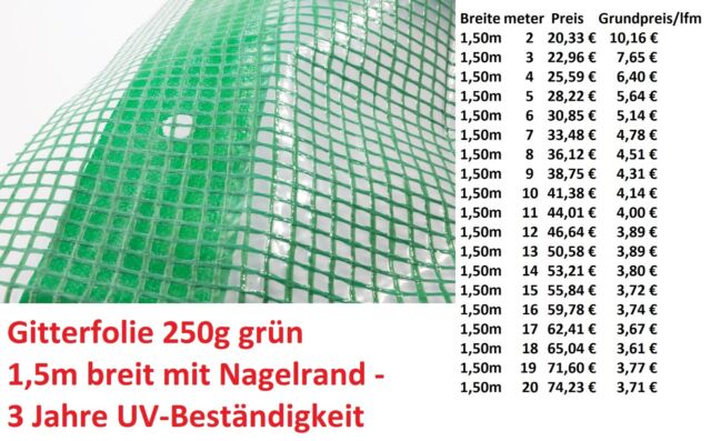 Gitterfolie 250g grün 1 50 m breit mit Nagelrand 3 Jahre UV-Beständigkeit
