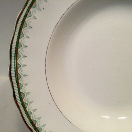 5 Furnivals England Rimmed Bowls Green Gold Geometric Trim 9” Soup Pasta Salad - Picture 2 of 9