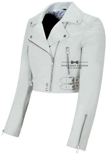 Ladies Short Body Jacket White Slim Fit Moto Biker Style 100% Real Napa 5625 - Picture 2 of 6