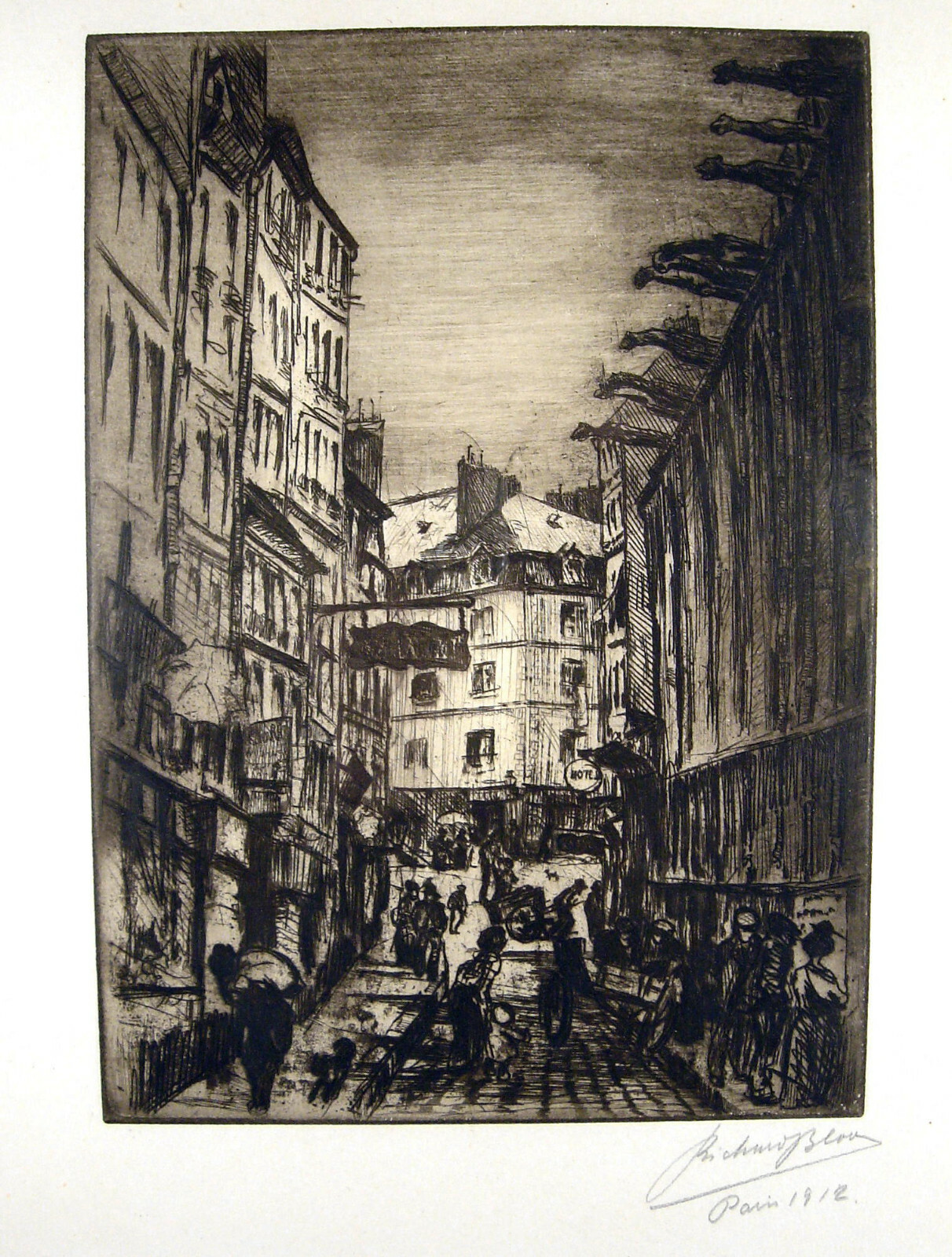 Richard Bloos 1878 Düsseldorf / Strasse in Paris / Radierung, handsigniert 1912