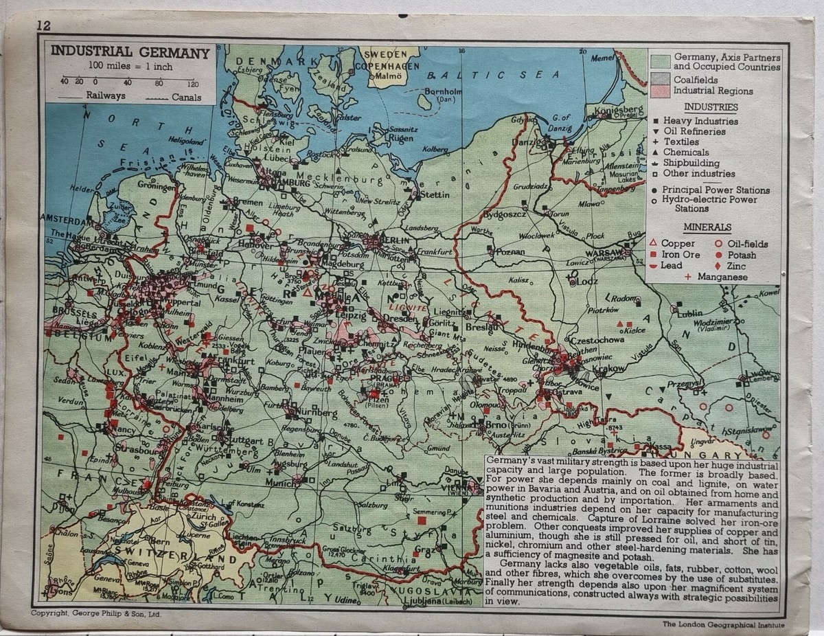 1941 WW2 MAP IDUSTRIAL GERMANY AXIS PARTNERS INDUSTRIES MINERALS