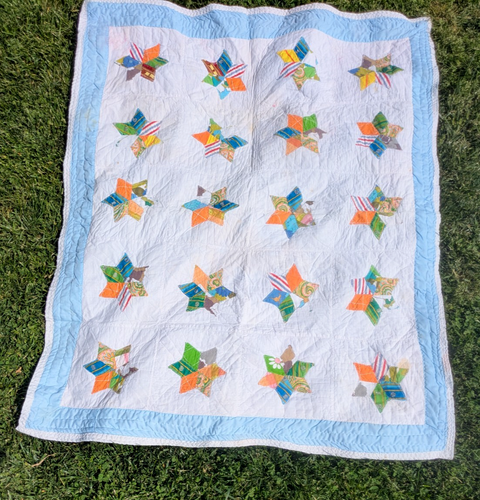 trapunta vintage cucita a mano e a macchina FATTA IN CASA cotone cucito 46" x 56" 20 STELLE - Foto 2 di 12